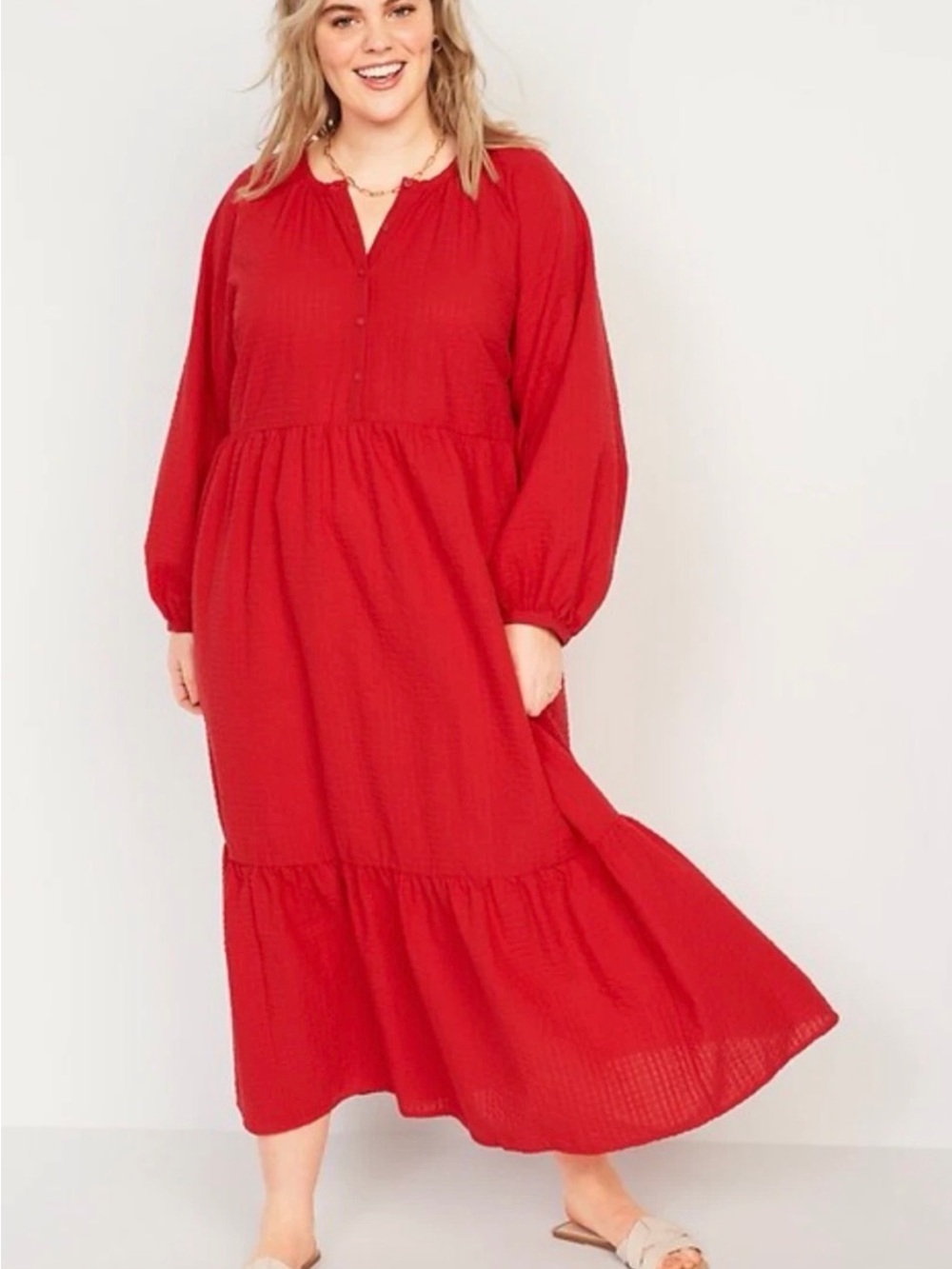 Old Navy Red Long-Sleeve Tiered Maxi Dress